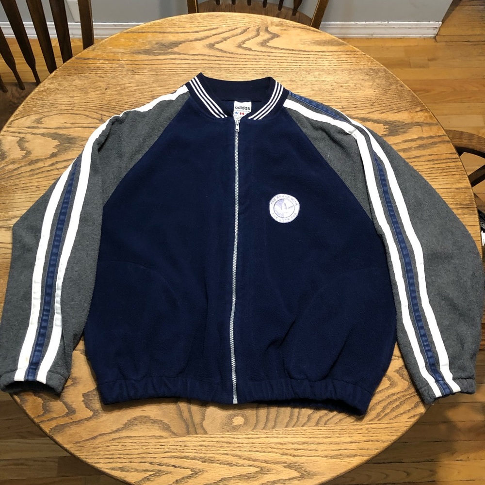 adidas Navy Blue Gray Bomber Jacket with White Stripes